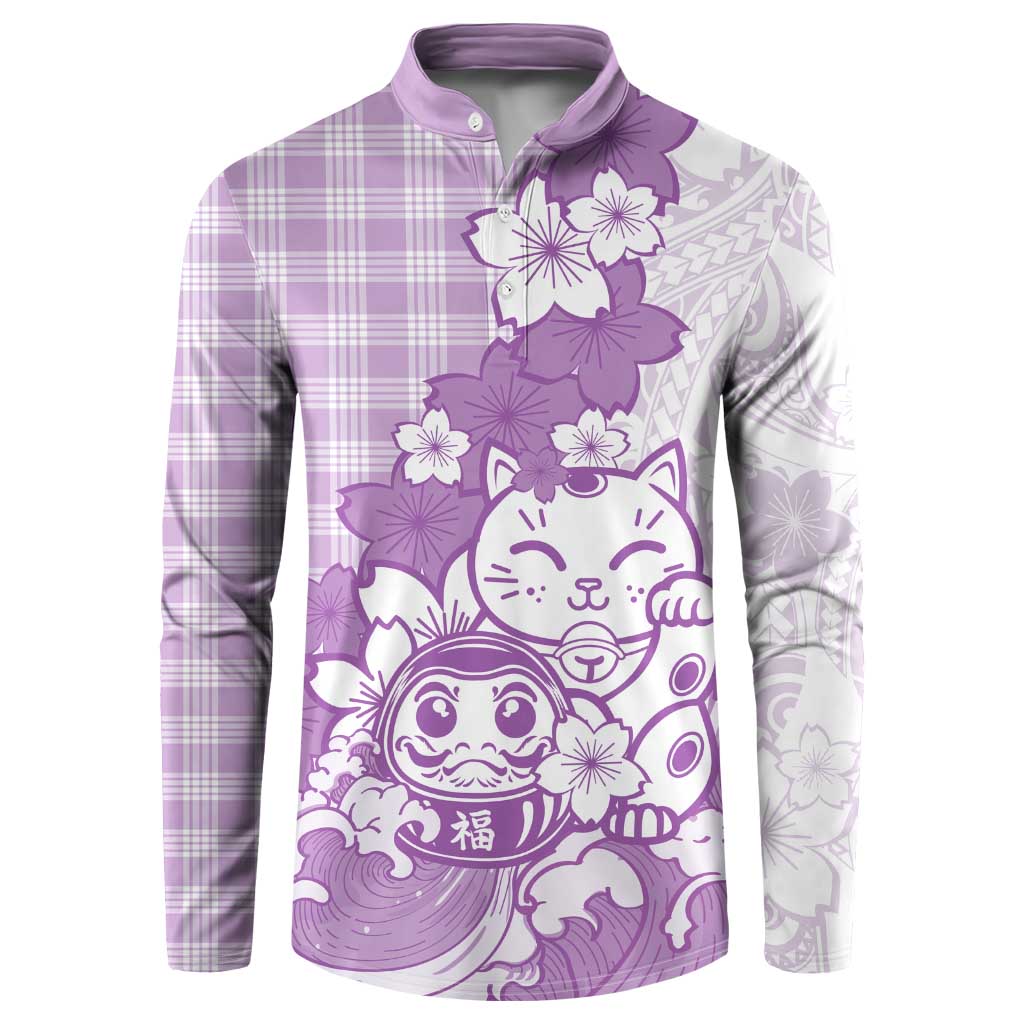 Purple Palaka Hawaiian And Japanese Button Sweatshirt Maneki Neko And Sakura Bloom