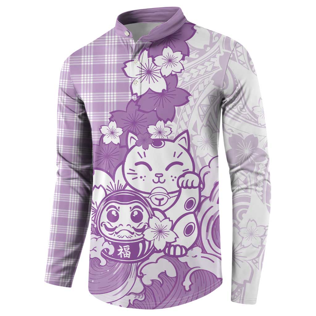 Purple Palaka Hawaiian And Japanese Button Sweatshirt Maneki Neko And Sakura Bloom
