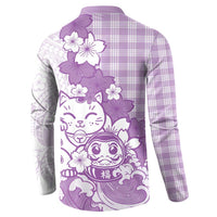 Purple Palaka Hawaiian And Japanese Button Sweatshirt Maneki Neko And Sakura Bloom