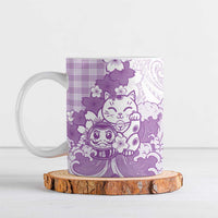 Purple Palaka Hawaiian And Japanese Ceramic Mug Maneki Neko And Sakura Bloom