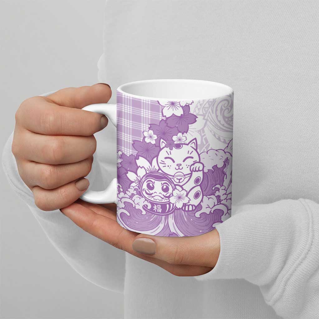 Purple Palaka Hawaiian And Japanese Ceramic Mug Maneki Neko And Sakura Bloom