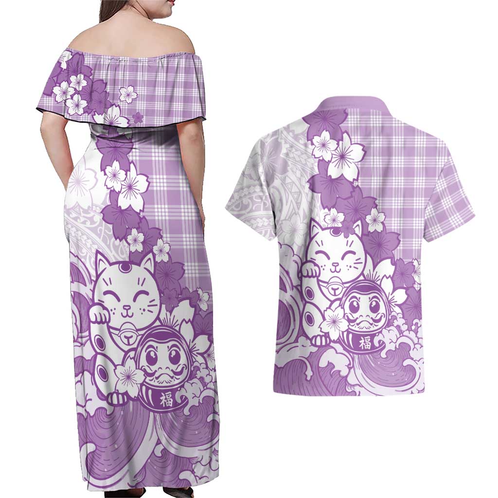 Purple Palaka Hawaiian And Japanese Couples Matching Off Shoulder Maxi Dress and Hawaiian Shirt Maneki Neko And Sakura Bloom DT05 - Polynesian Pride