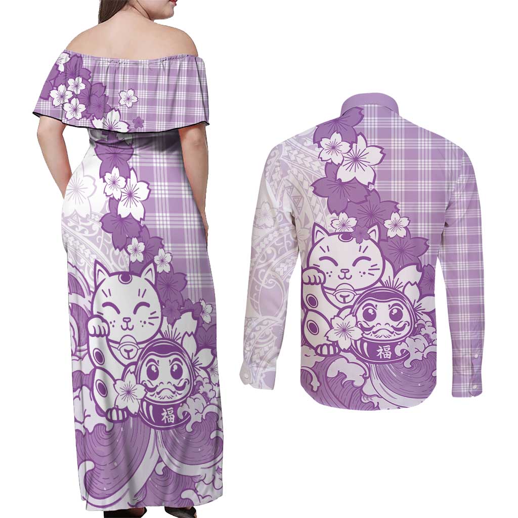 Purple Palaka Hawaiian And Japanese Couples Matching Off Shoulder Maxi Dress and Long Sleeve Button Shirt Maneki Neko And Sakura Bloom DT05 - Polynesian Pride