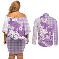 Purple Palaka Hawaiian And Japanese Couples Matching Off Shoulder Short Dress and Long Sleeve Button Shirt Maneki Neko And Sakura Bloom DT05 - Polynesian Pride