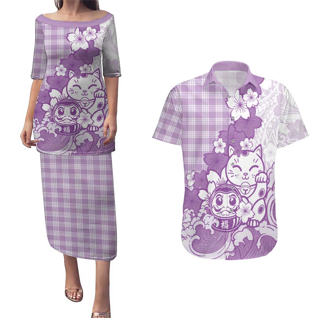 Purple Palaka Hawaiian And Japanese Couples Matching Puletasi and Hawaiian Shirt Maneki Neko And Sakura Bloom DT05 Purple - Polynesian Pride