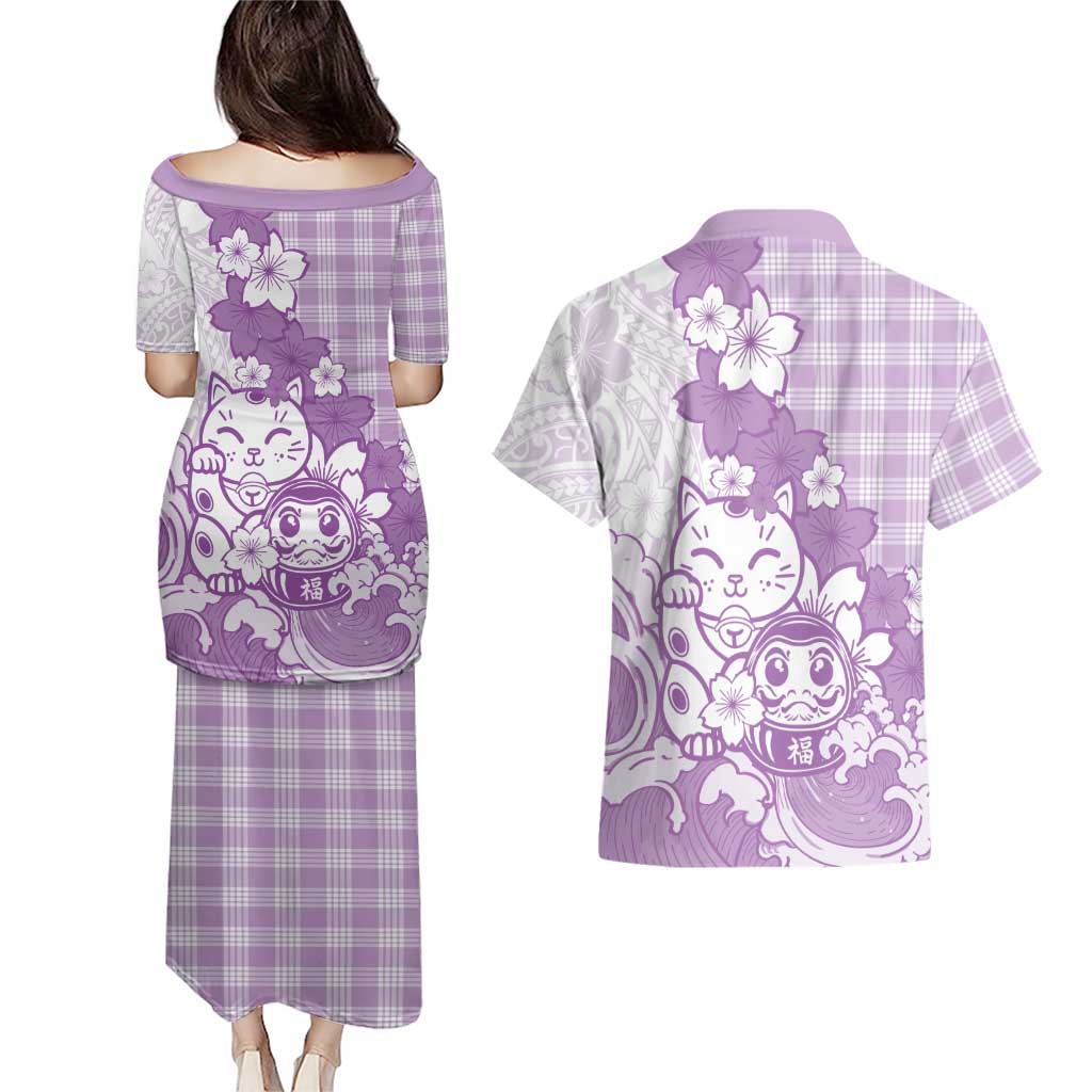 Purple Palaka Hawaiian And Japanese Couples Matching Puletasi and Hawaiian Shirt Maneki Neko And Sakura Bloom DT05 - Polynesian Pride