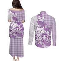 Purple Palaka Hawaiian And Japanese Couples Matching Puletasi and Long Sleeve Button Shirt Maneki Neko And Sakura Bloom DT05 - Polynesian Pride