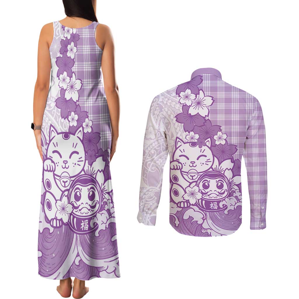 Purple Palaka Hawaiian And Japanese Couples Matching Tank Maxi Dress and Long Sleeve Button Shirt Maneki Neko And Sakura Bloom DT05 - Polynesian Pride