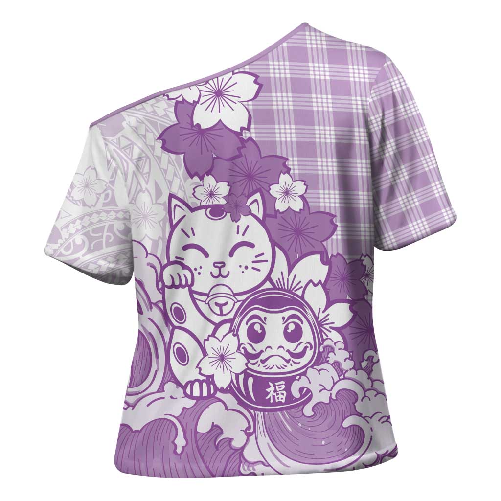Purple Palaka Hawaiian And Japanese Cross Shoulder Shirt Maneki Neko And Sakura Bloom