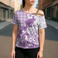 Purple Palaka Hawaiian And Japanese Cross Shoulder Shirt Maneki Neko And Sakura Bloom