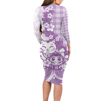 Purple Palaka Hawaiian And Japanese Family Matching Long Sleeve Bodycon Dress and Hawaiian Shirt Maneki Neko And Sakura Bloom DT05 - Polynesian Pride