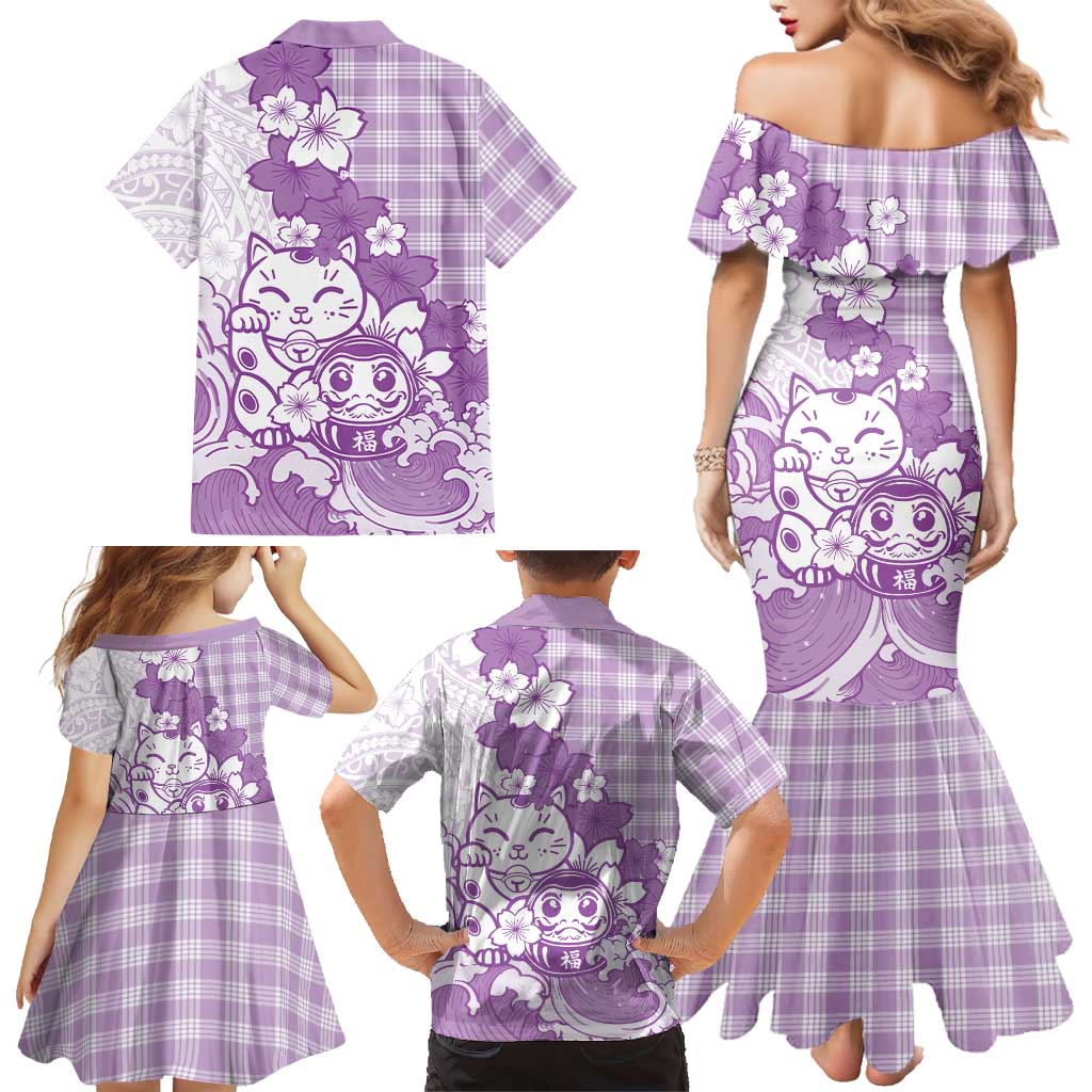 Purple Palaka Hawaiian And Japanese Family Matching Mermaid Dress and Hawaiian Shirt Maneki Neko And Sakura Bloom DT05 - Polynesian Pride