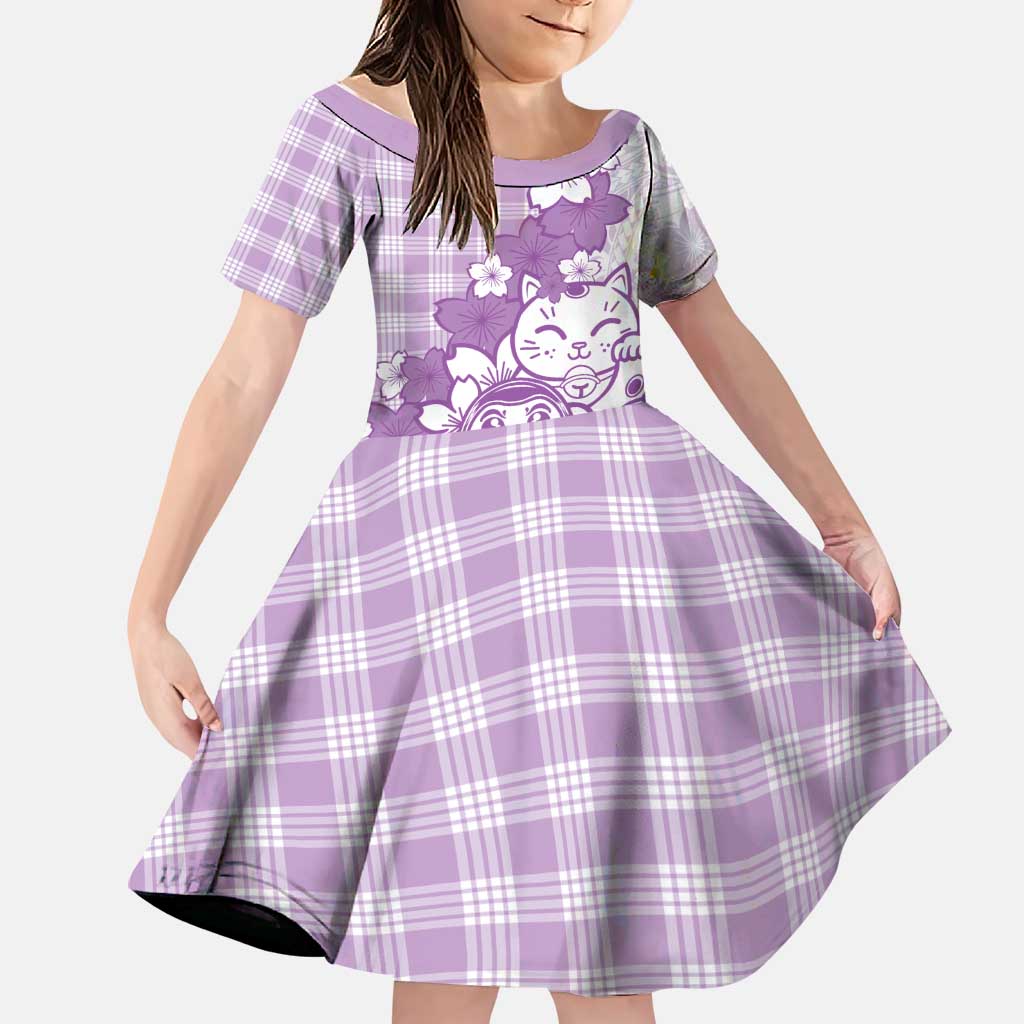 Purple Palaka Hawaiian And Japanese Family Matching Off Shoulder Maxi Dress and Hawaiian Shirt Maneki Neko And Sakura Bloom DT05 Daughter's Dress Purple - Polynesian Pride