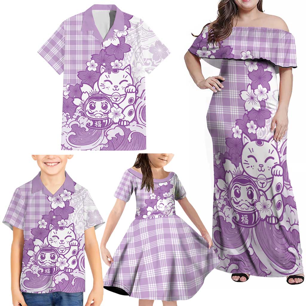 Purple Palaka Hawaiian And Japanese Family Matching Off Shoulder Maxi Dress and Hawaiian Shirt Maneki Neko And Sakura Bloom DT05 - Polynesian Pride