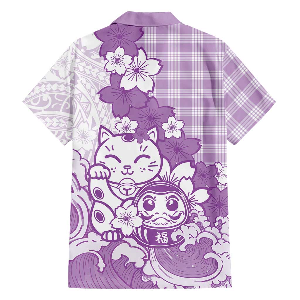 Purple Palaka Hawaiian And Japanese Family Matching Off Shoulder Maxi Dress and Hawaiian Shirt Maneki Neko And Sakura Bloom DT05 - Polynesian Pride