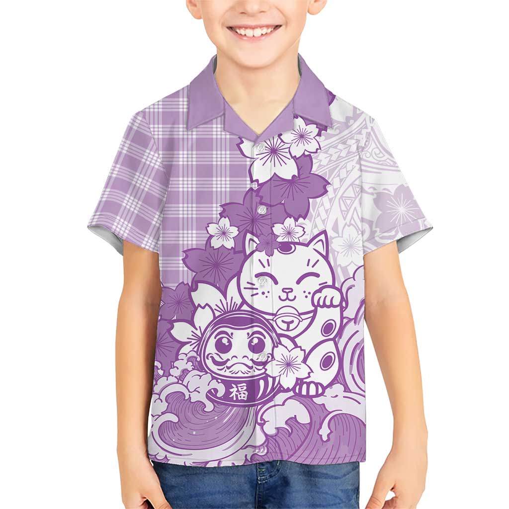 Purple Palaka Hawaiian And Japanese Family Matching Off Shoulder Short Dress and Hawaiian Shirt Maneki Neko And Sakura Bloom DT05 Son's Shirt Purple - Polynesian Pride