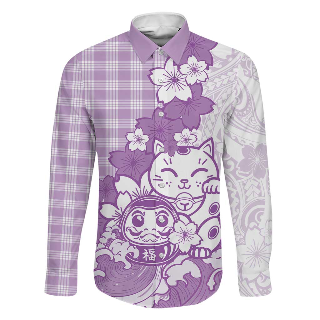 Purple Palaka Hawaiian And Japanese Family Matching Puletasi and Hawaiian Shirt Maneki Neko And Sakura Bloom