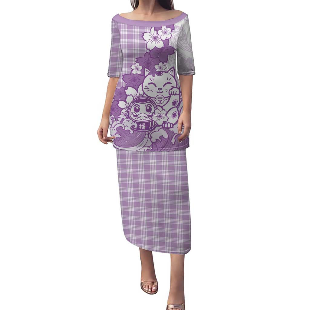 Purple Palaka Hawaiian And Japanese Family Matching Puletasi and Hawaiian Shirt Maneki Neko And Sakura Bloom