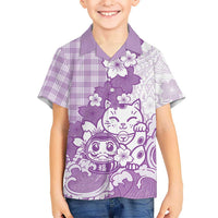 Purple Palaka Hawaiian And Japanese Family Matching Puletasi and Hawaiian Shirt Maneki Neko And Sakura Bloom