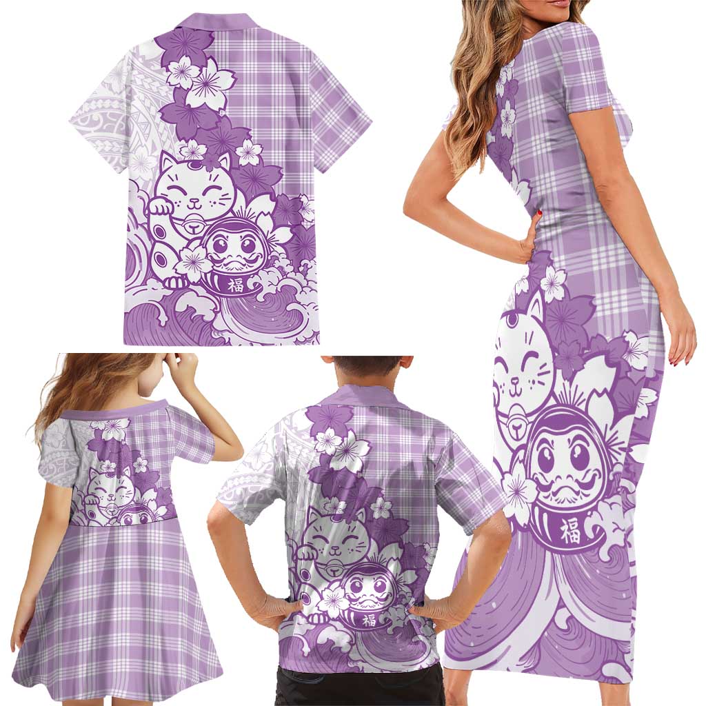 Purple Palaka Hawaiian And Japanese Family Matching Short Sleeve Bodycon Dress and Hawaiian Shirt Maneki Neko And Sakura Bloom DT05 - Polynesian Pride