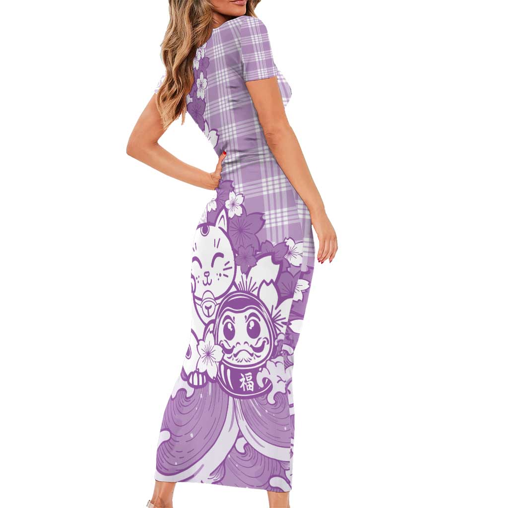 Purple Palaka Hawaiian And Japanese Family Matching Short Sleeve Bodycon Dress and Hawaiian Shirt Maneki Neko And Sakura Bloom DT05 - Polynesian Pride