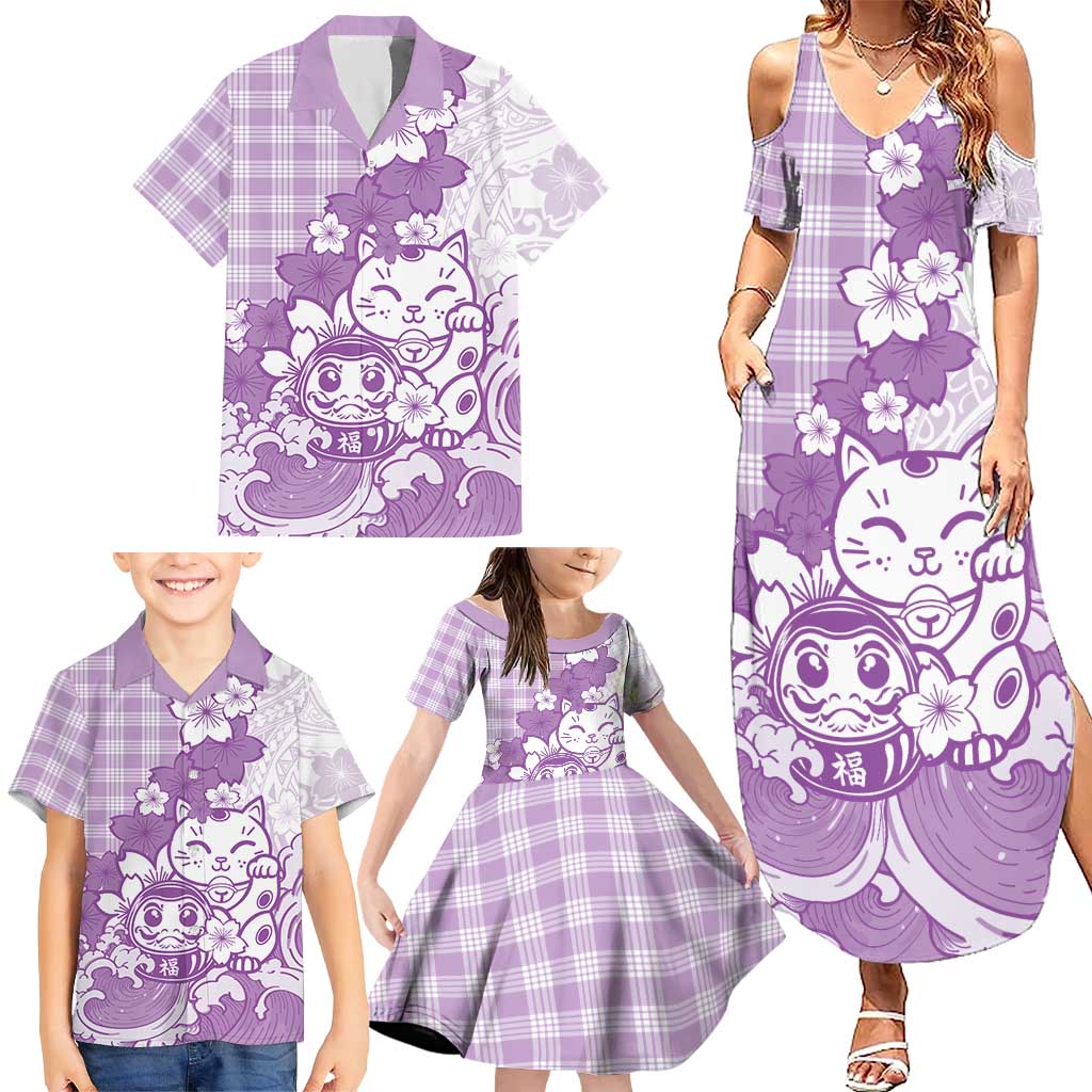 Purple Palaka Hawaiian And Japanese Family Matching Summer Maxi Dress and Hawaiian Shirt Maneki Neko And Sakura Bloom DT05 - Polynesian Pride