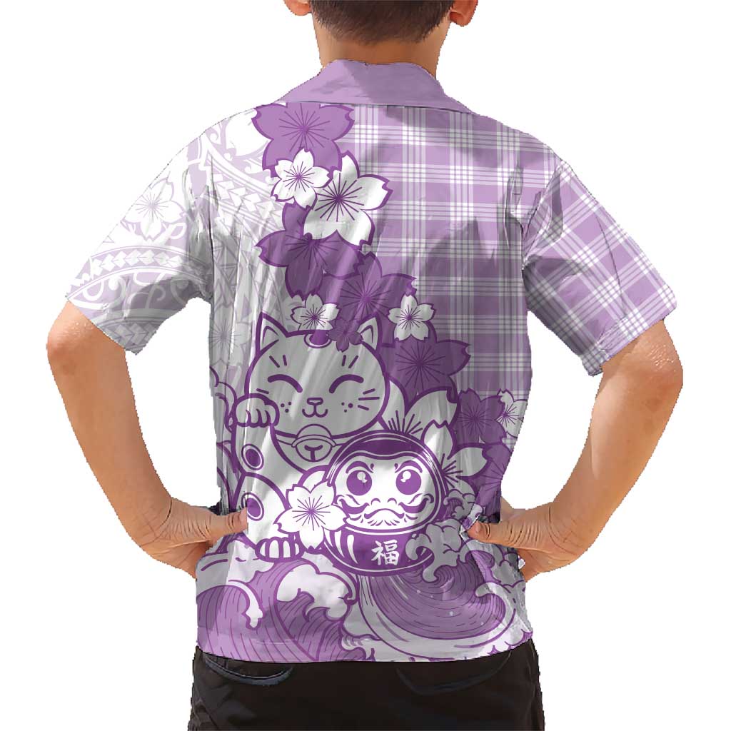 Purple Palaka Hawaiian And Japanese Family Matching Tank Maxi Dress and Hawaiian Shirt Maneki Neko And Sakura Bloom DT05 - Polynesian Pride