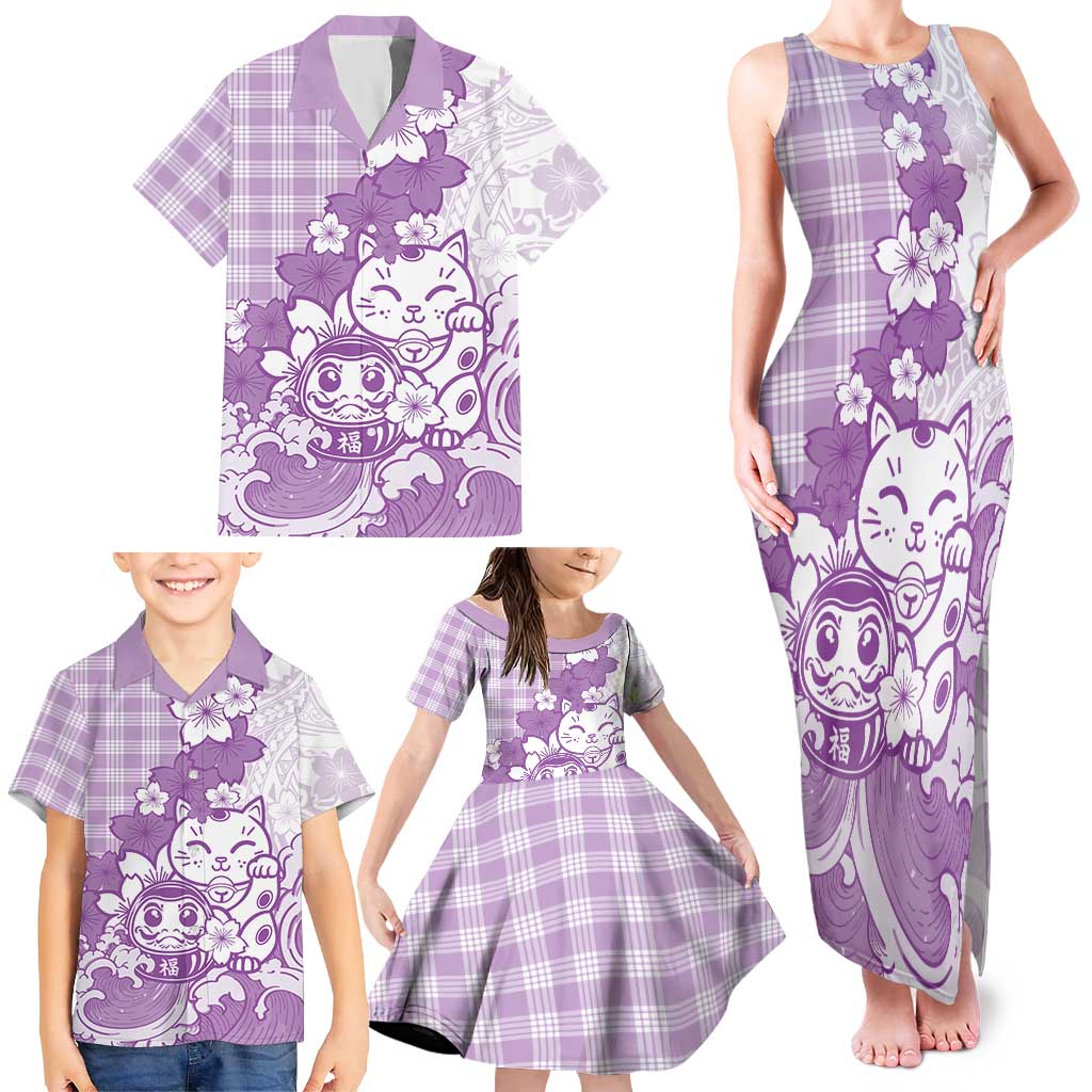 Purple Palaka Hawaiian And Japanese Family Matching Tank Maxi Dress and Hawaiian Shirt Maneki Neko And Sakura Bloom DT05 - Polynesian Pride
