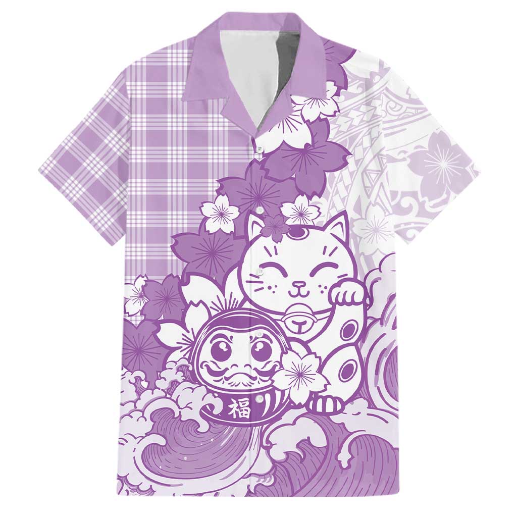 Purple Palaka Hawaiian And Japanese Family Matching Tank Maxi Dress and Hawaiian Shirt Maneki Neko And Sakura Bloom DT05 Dad's Shirt - Short Sleeve Purple - Polynesian Pride