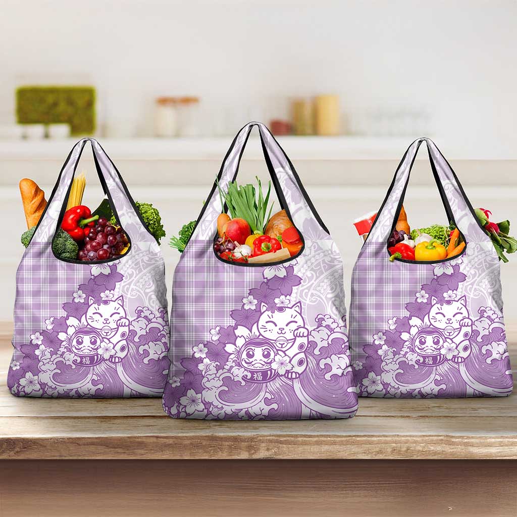 Purple Palaka Hawaiian And Japanese Grocery Bag Maneki Neko And Sakura Bloom