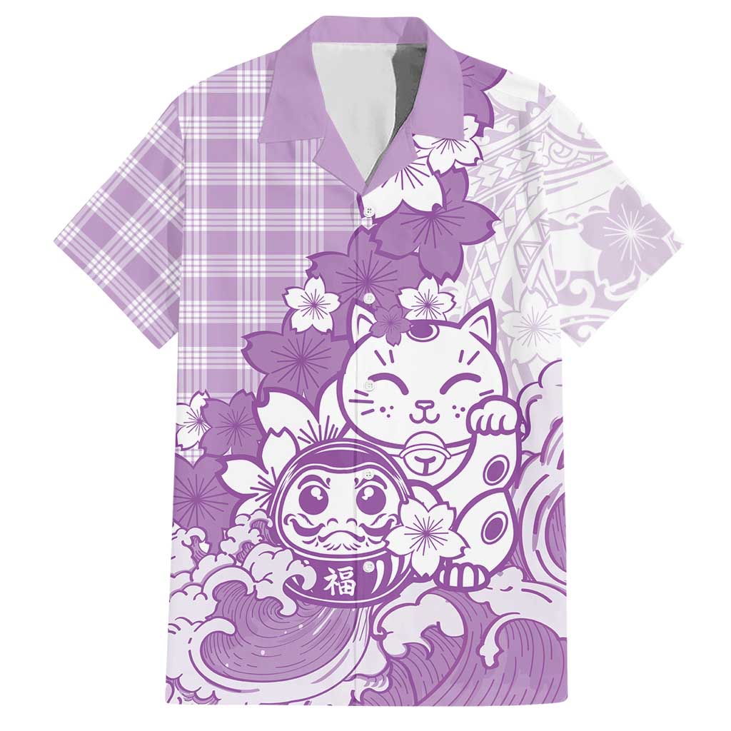 Purple Palaka Hawaiian And Japanese Hawaiian Shirt Maneki Neko And Sakura Bloom