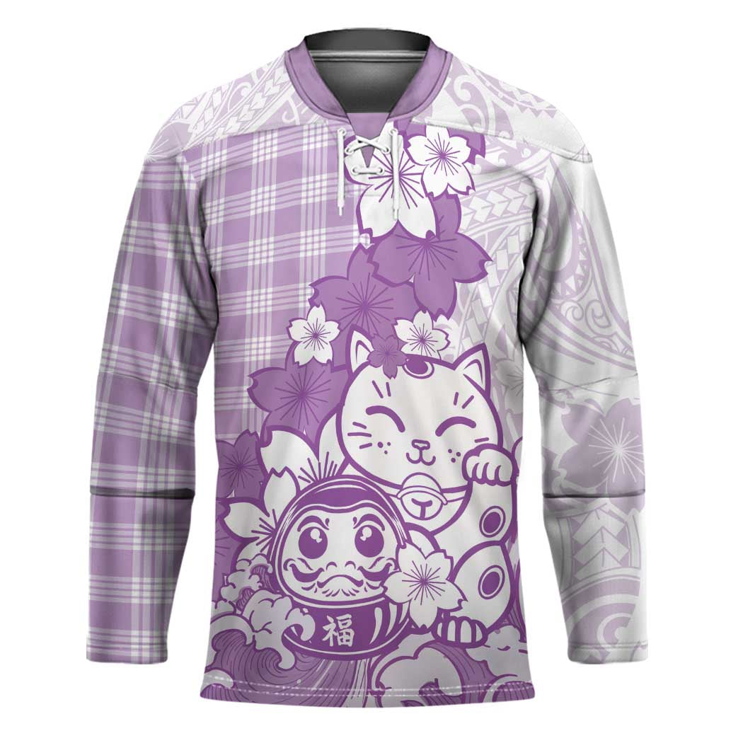 Purple Palaka Hawaiian And Japanese Hockey Jersey Maneki Neko And Sakura Bloom DT05 Unisex Purple - Polynesian Pride