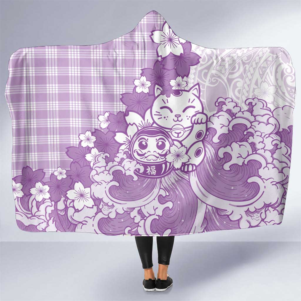 Purple Palaka Hawaiian And Japanese Hooded Blanket Maneki Neko And Sakura Bloom DT05 One Size Purple - Polynesian Pride