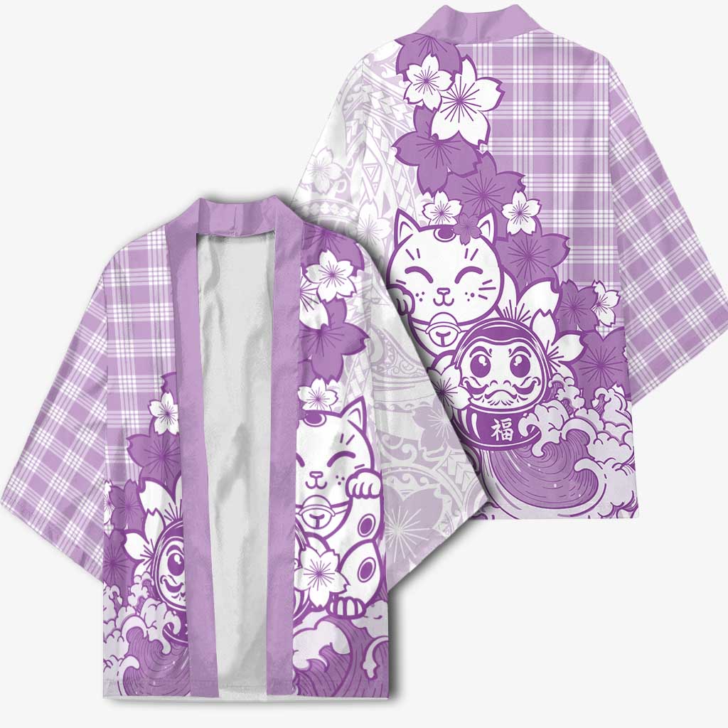 Purple Palaka Hawaiian And Japanese Kimono Maneki Neko And Sakura Bloom