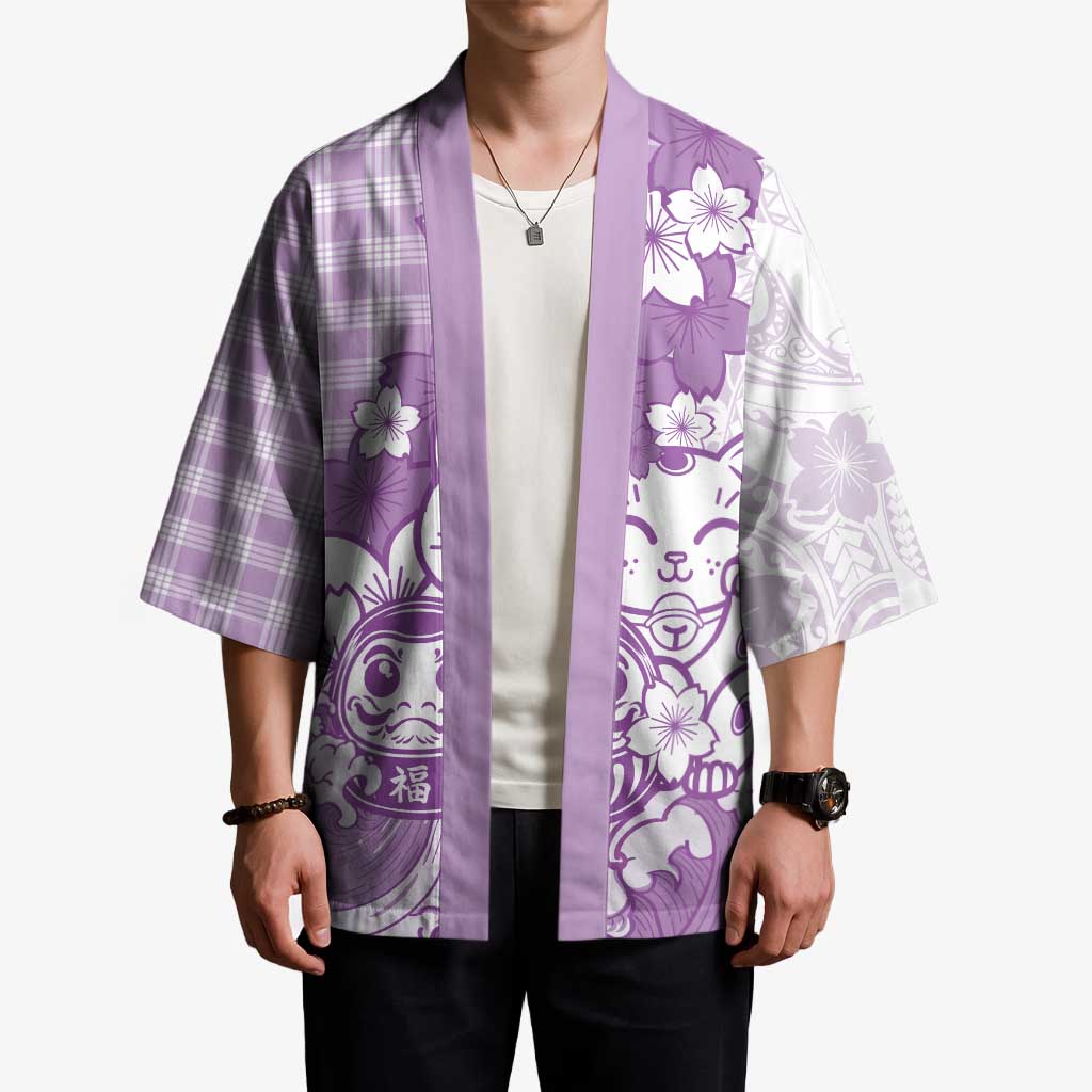 Purple Palaka Hawaiian And Japanese Kimono Maneki Neko And Sakura Bloom