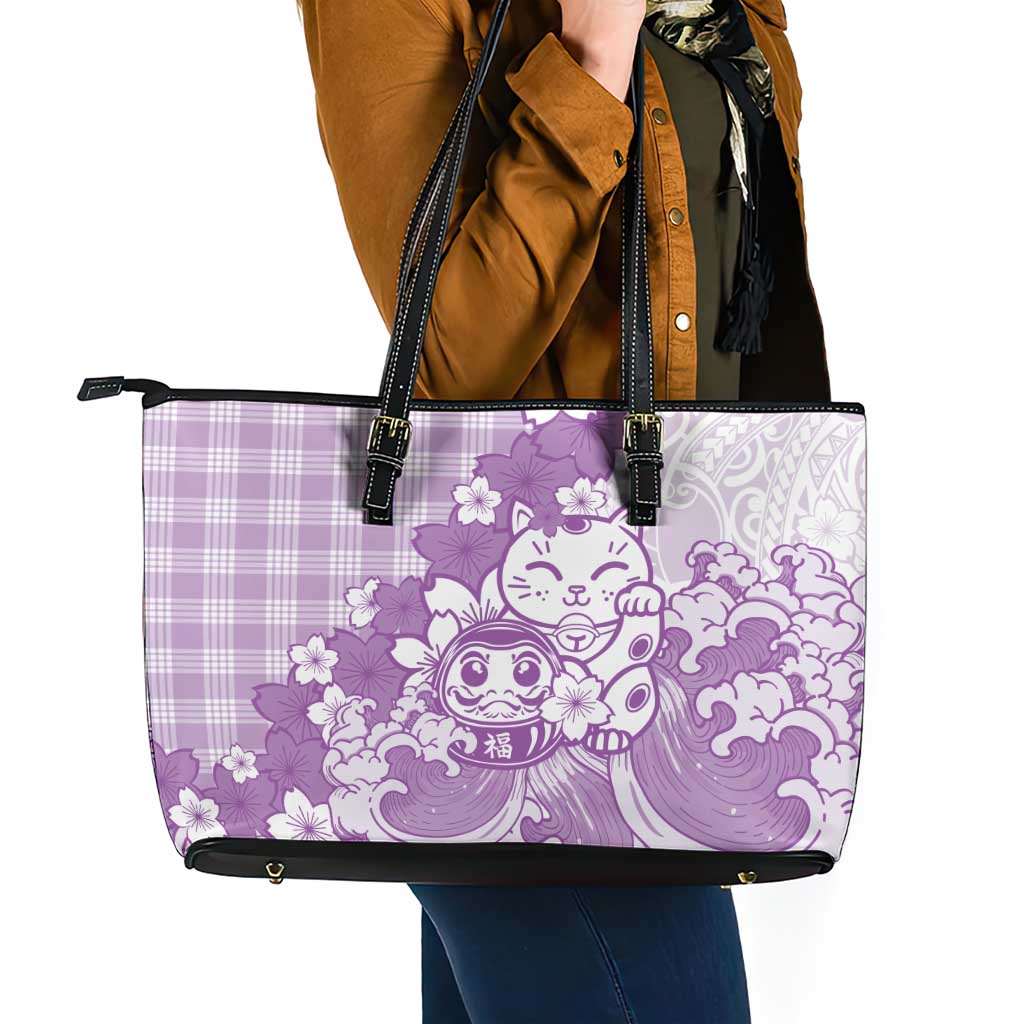 Purple Palaka Hawaiian And Japanese Leather Tote Bag Maneki Neko And Sakura Bloom