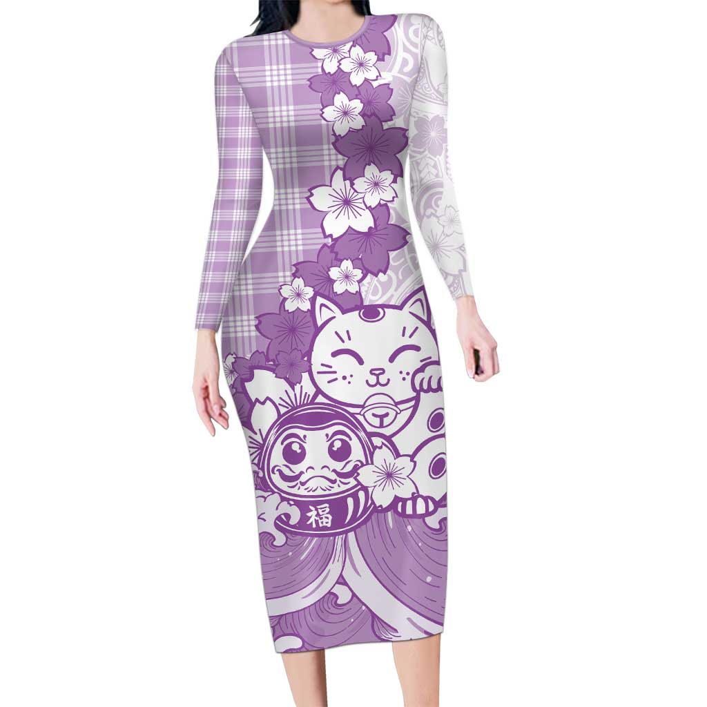 Purple Palaka Hawaiian And Japanese Long Sleeve Bodycon Dress Maneki Neko And Sakura Bloom DT05 Long Dress Purple - Polynesian Pride