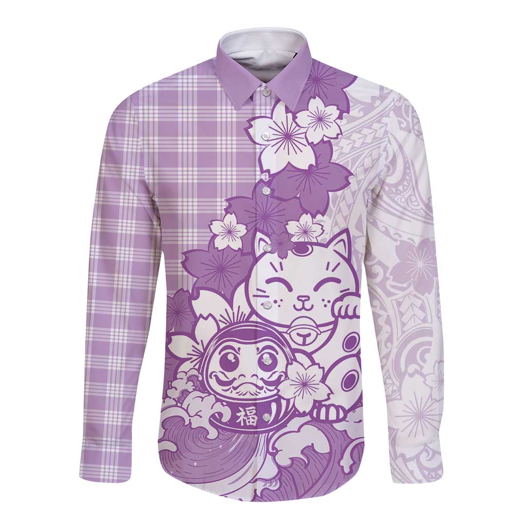 Purple Palaka Hawaiian And Japanese Long Sleeve Button Shirt Maneki Neko And Sakura Bloom DT05 Unisex Purple - Polynesian Pride
