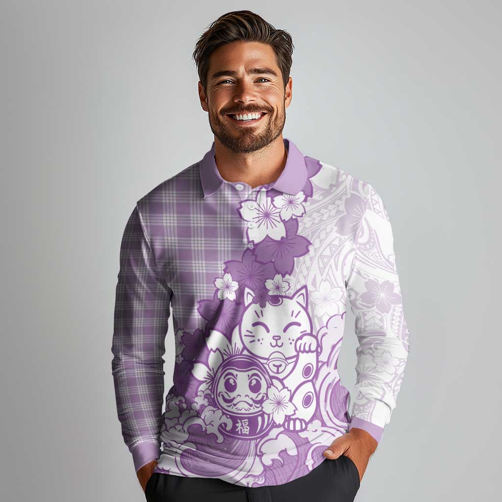 Purple Palaka Hawaiian And Japanese Long Sleeve Polo Shirt Maneki Neko And Sakura Bloom DT05 - Polynesian Pride