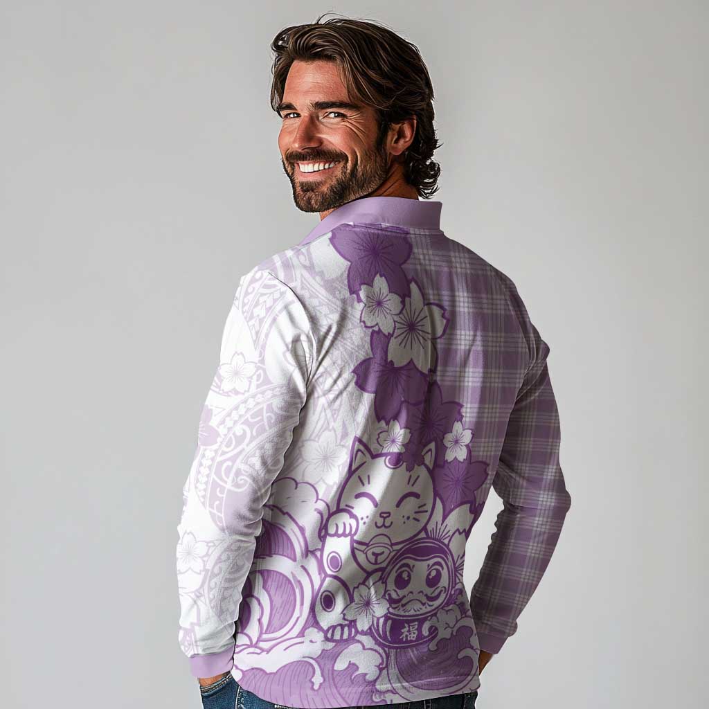 Purple Palaka Hawaiian And Japanese Long Sleeve Polo Shirt Maneki Neko And Sakura Bloom DT05 - Polynesian Pride