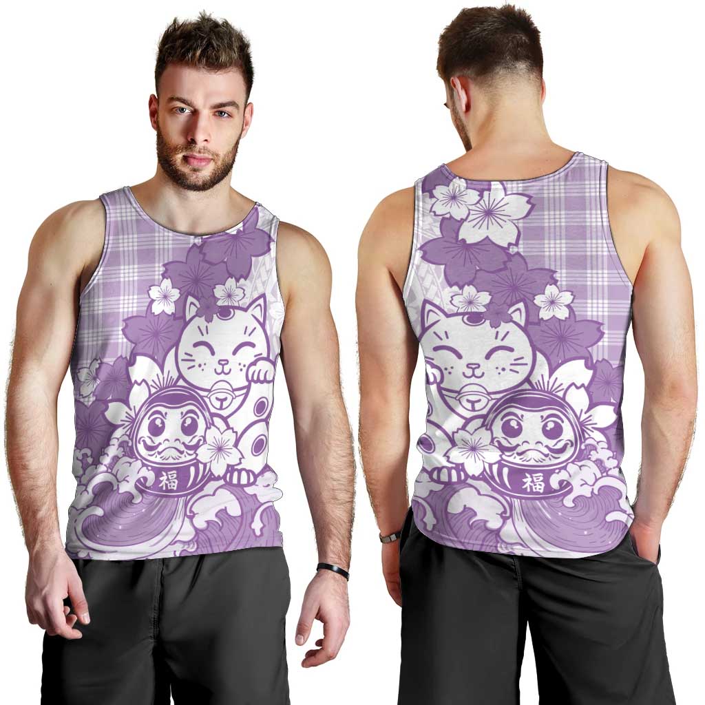 Purple Palaka Hawaiian And Japanese Men Tank Top Maneki Neko And Sakura Bloom