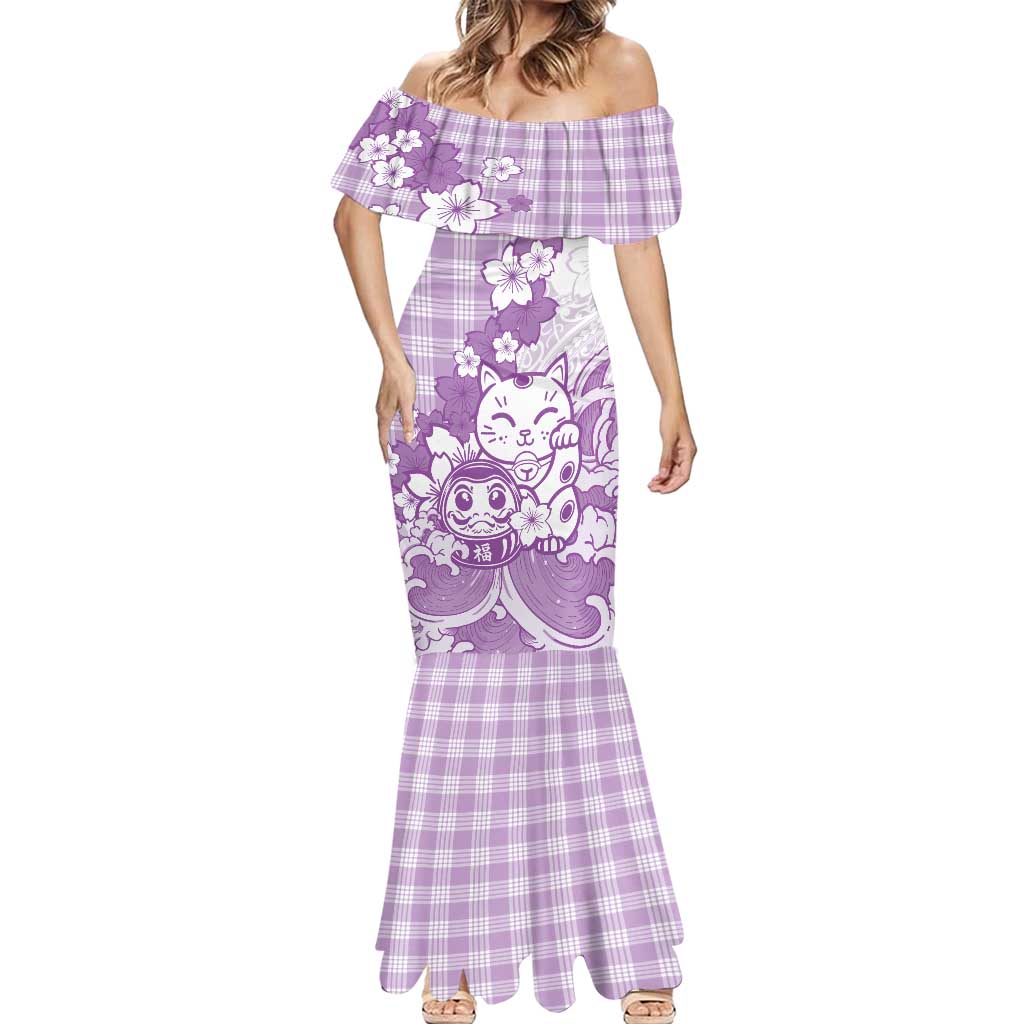 Purple Palaka Hawaiian And Japanese Mermaid Dress Maneki Neko And Sakura Bloom