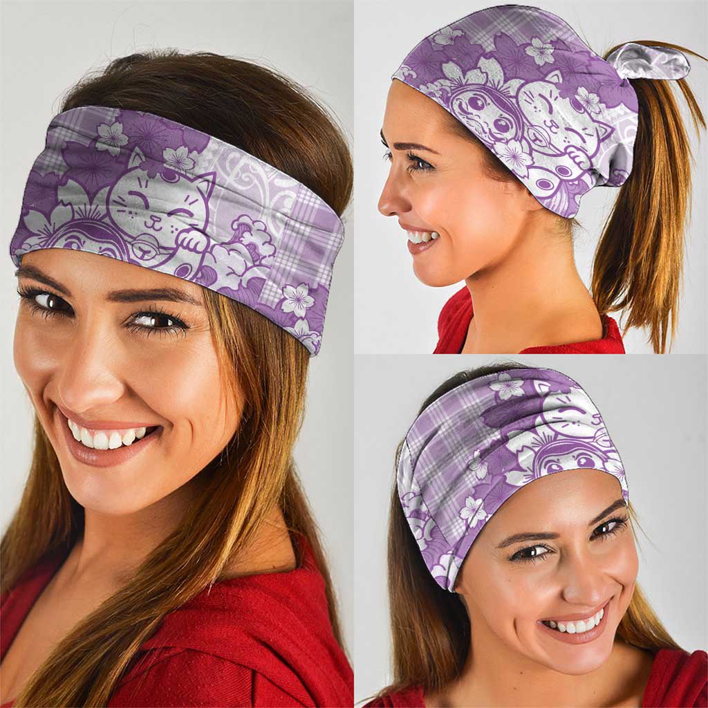 Purple Palaka Hawaiian And Japanese Neck Gaiter Maneki Neko And Sakura Bloom