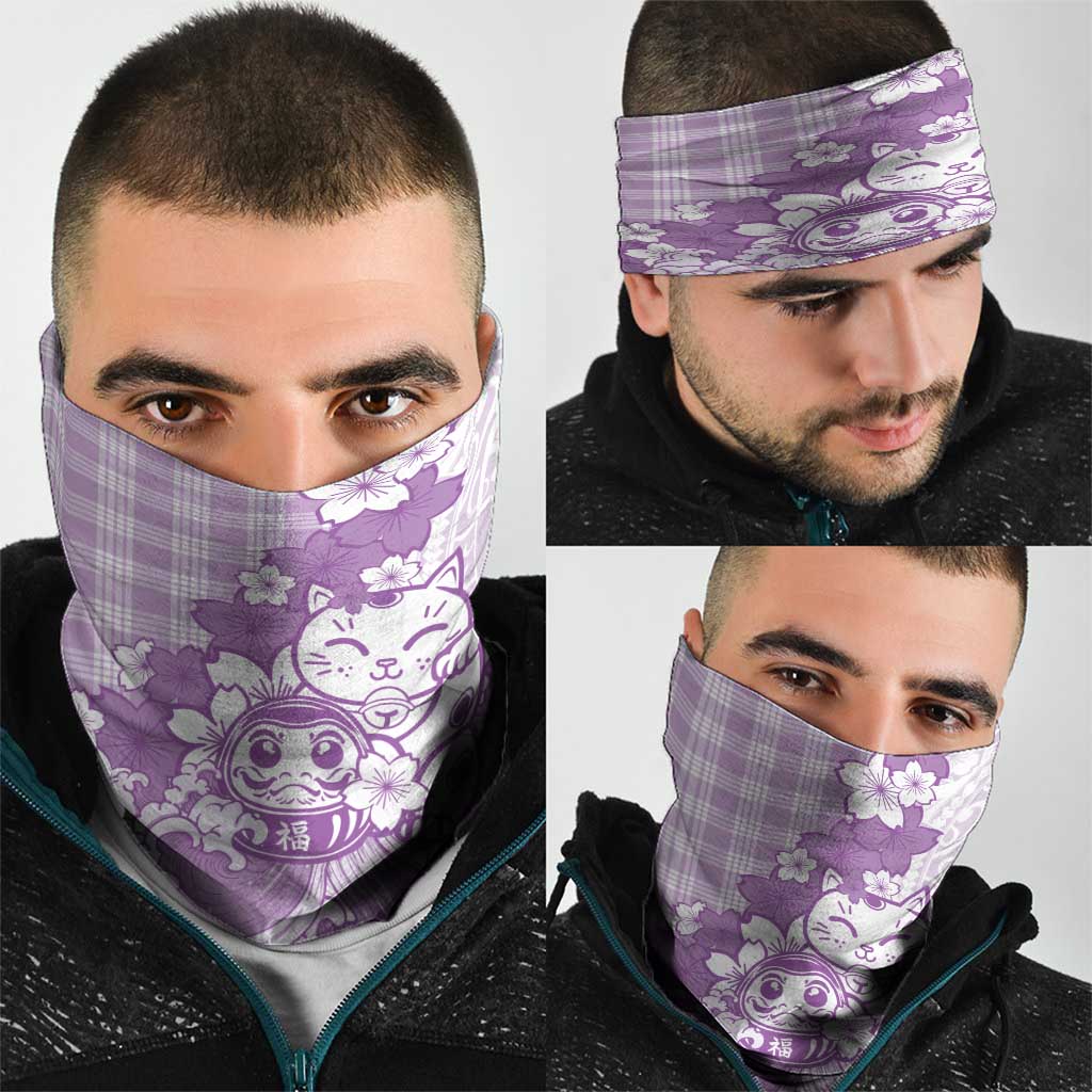 Purple Palaka Hawaiian And Japanese Neck Gaiter Maneki Neko And Sakura Bloom