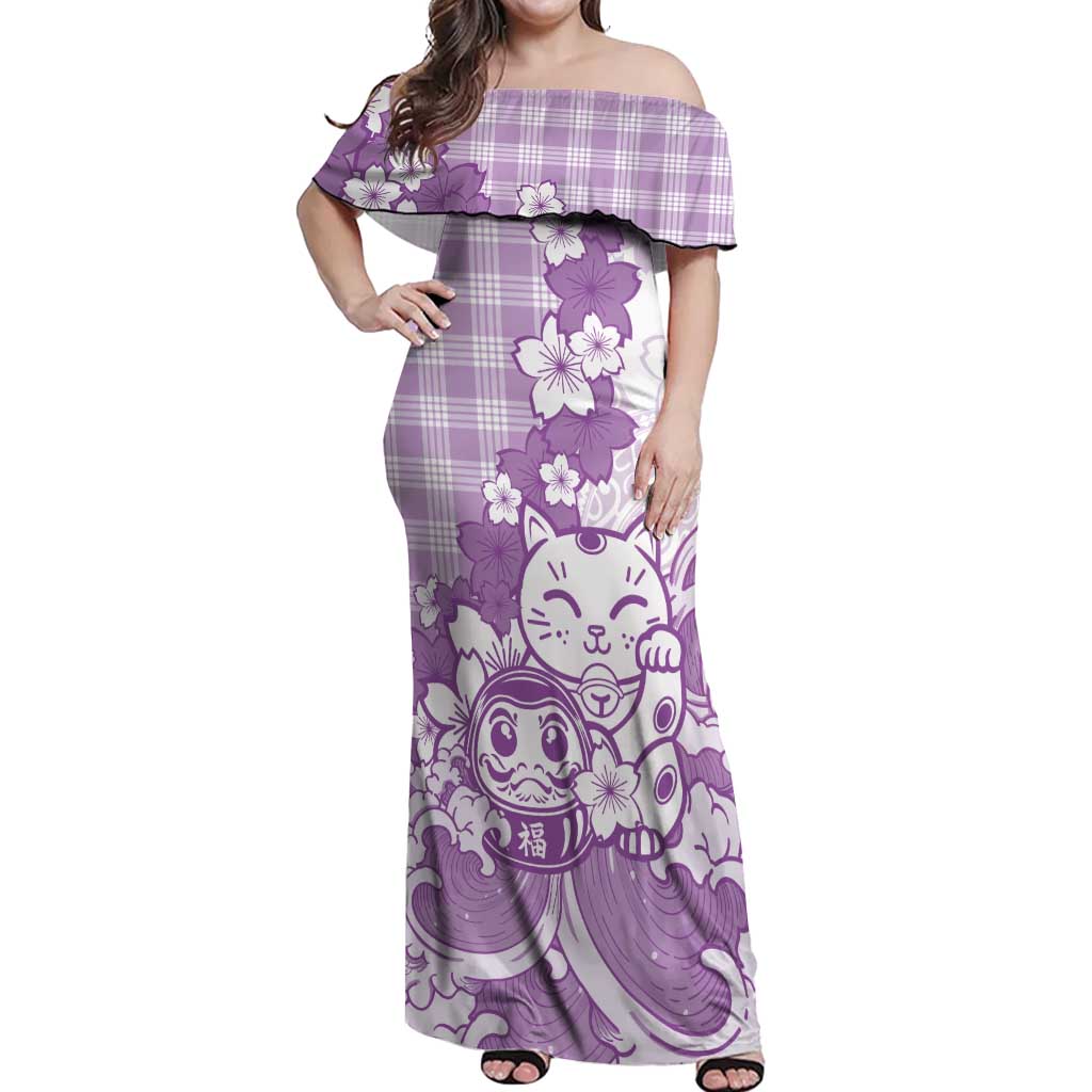 Purple Palaka Hawaiian And Japanese Off Shoulder Maxi Dress Maneki Neko And Sakura Bloom