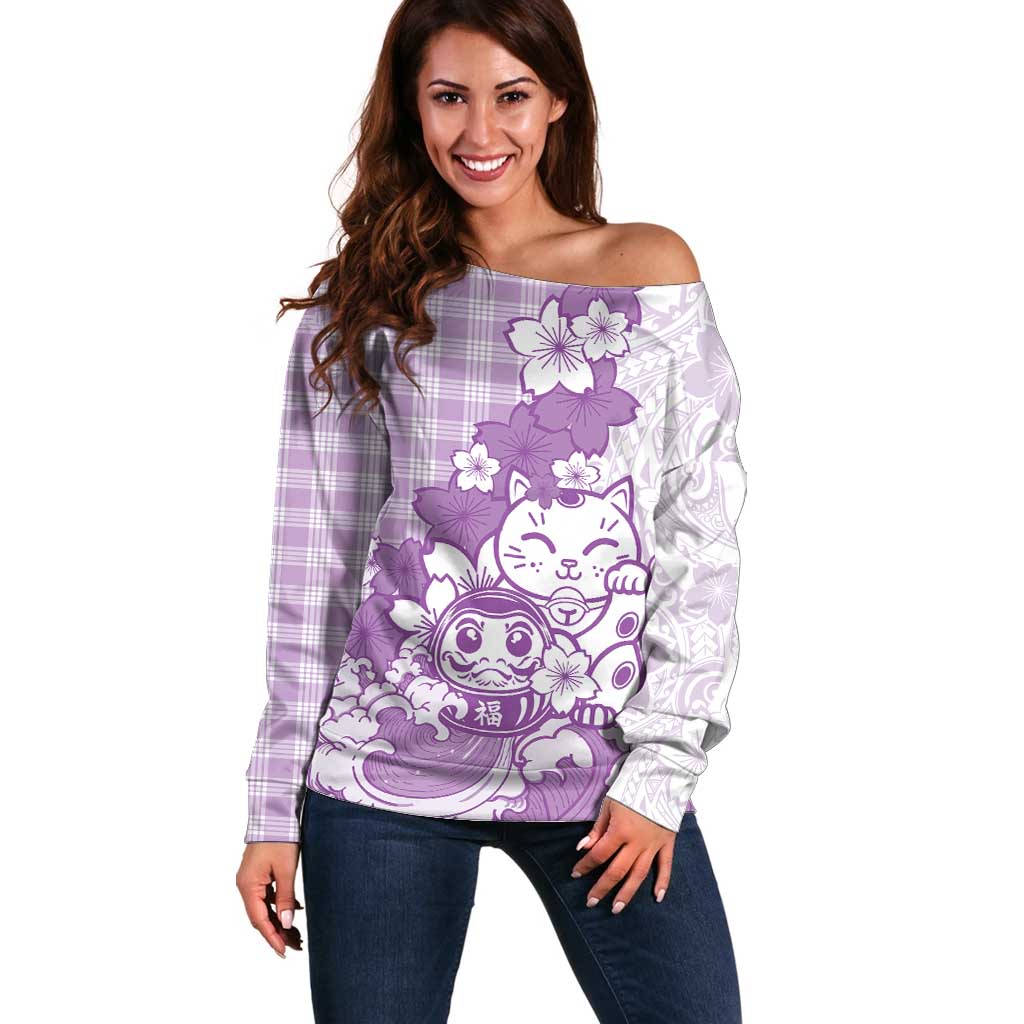 Purple Palaka Hawaiian And Japanese Off Shoulder Sweater Maneki Neko And Sakura Bloom