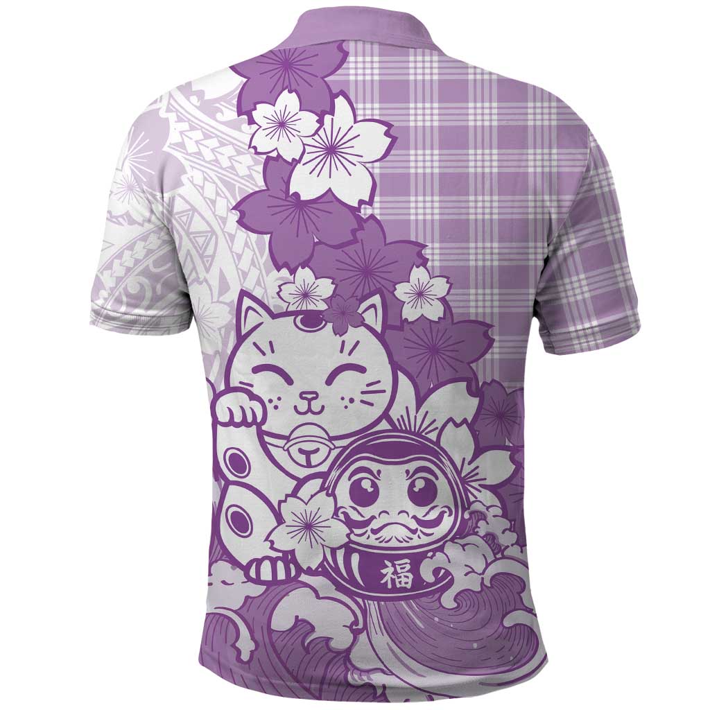Purple Palaka Hawaiian And Japanese Polo Shirt Maneki Neko And Sakura Bloom