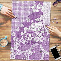 Purple Palaka Hawaiian And Japanese Puzzle Maneki Neko And Sakura Bloom
