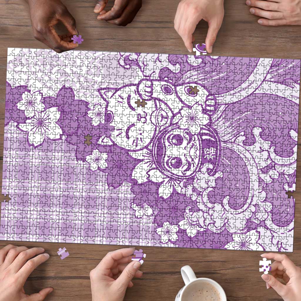 Purple Palaka Hawaiian And Japanese Puzzle Maneki Neko And Sakura Bloom
