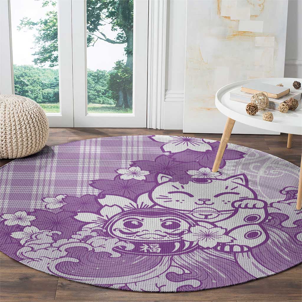 Purple Palaka Hawaiian And Japanese Round Carpet Maneki Neko And Sakura Bloom